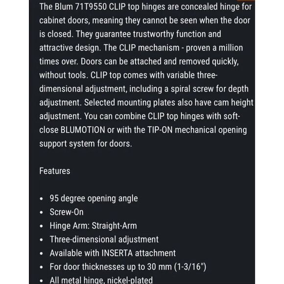 Blum 71T9550 CLIP Top Full Overlay Screw-On Cabinet Door Thick Nickel 12Pcs NEW - Picture 2 of 2